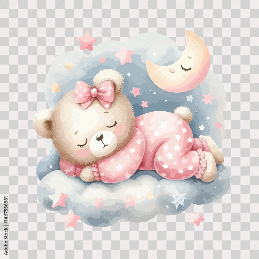 Watercolor sleeping teddy bear on cloud around the stars in pink ...