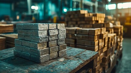 Poster - Rows of stacked metallic blocks and crates organized in a dimly lit industrial warehouse or factory setting showcasing the storage and logistics of manufacturing and construction materials