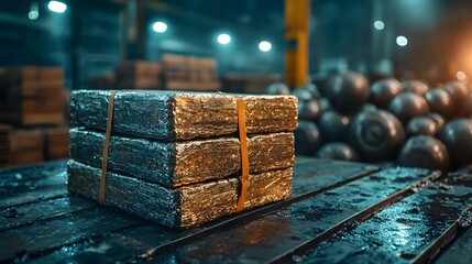 Poster - rows of stacked metal equipment or material likely for industrial or manufacturing purposes in a dim