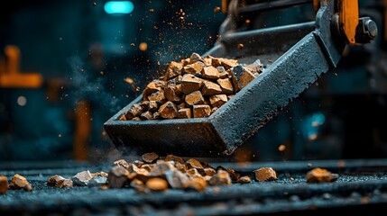 Poster - close up view of crushed rocks and debris being transported on a moving industrial conveyor belt wit
