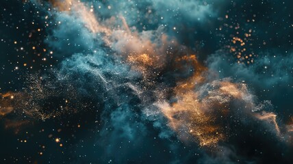 Poster - Abstract galaxy with swirling blue and orange particles. Digital artwork for design of cloud and smoke with starry sky with glowing start and planet in nebula or solar system. Universe design. AIG53.