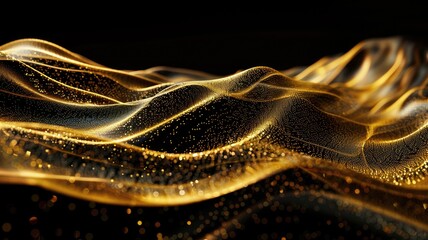 Poster - Abstract golden waves with glowing particles on a dark background. Digital artwork of digital wave with golden glowing dots connecting together. Technology innovation and communication concept. AIG53.