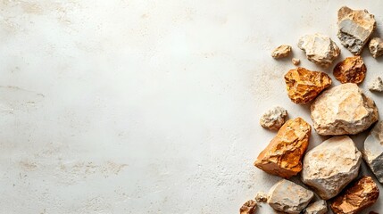 Poster - A closeup shot of raw unprocessed lutetium ore fragments arranged on a plain bright white background leaving ample space for additional text or copy