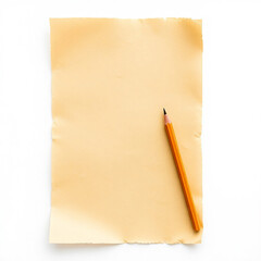 Poster - Pencil lies on blank old paper sheet with torn edges on white background.