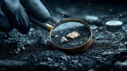 Poster - A close up view of a scientist s gloved hand carefully examining a geological sample or mineral specimen under the magnification of a glass a laboratory or research setting