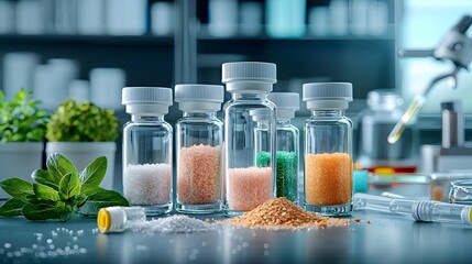 Poster - Lutetium mineral samples in clear glass vials showcased on a laboratory shelf surrounded by scientific equipment and tools