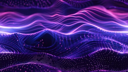 Poster - Abstract purple and pink digital waves with light particles. Artwork of digital glowing pink dots connecting with black background. Technology innovation. Digital art for design and print. AIG53.