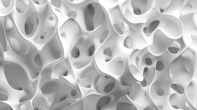 Abstract white organic structure with holes. Modern 3D texture design. Background image of 3D rendering white structure with hole. Abstract art of macrography of bone structure or wavy texture. AIG51.