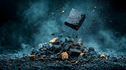 Poster - A close up photograph of crushed and fragmented lutetium ore samples illuminated under controlled laboratory lighting with a focused central area and softly blurred edges for emphasis