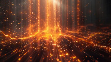 Poster - Abstract picture of neon light particle with digital technology style design connecting become dynamic of electric wave movement represent about flowing of data or structure of network system. AIG53.