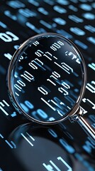 Fototapete - Close-up view of a magnifying glass highlighting binary code, emphasizing data analysis and technology in a light blue color scheme