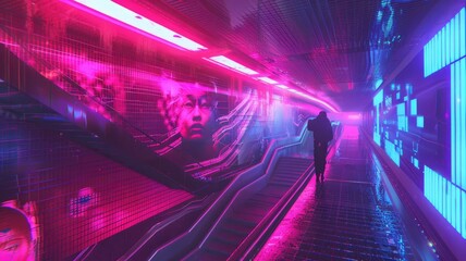 Poster - Futuristic cityscape with neon lights and reflections. Cyberpunk and urban concept for design and print. Abstract artwork of skyscraper with vibrant neon color with purple and pink. Technology. AIG53.