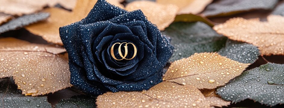 A stunning black rose glistens with dewdrops, illuminated by twilight, surrounded by softly blurred leaves in a serene park