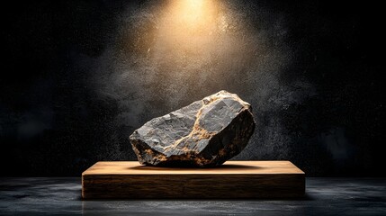 Poster - A dramatic and captivating image showcasing a rock specimen placed on a wooden display tray and illuminated by a spotlight creating a moody and intricate composition