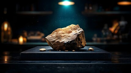 Poster - A close up view of a rugged earthen rock specimen illuminated by a focused spotlight standing out against a dark background on a display tray