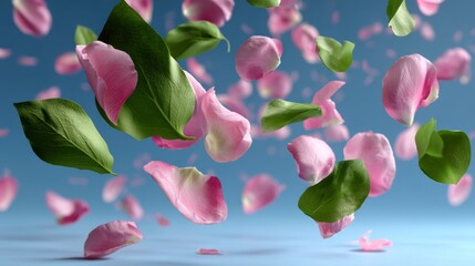 Poster - Pink and green flower petals are floating in the air. Concept of beauty and freedom, as the petals are scattered and drifting away from the source