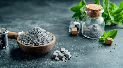 Aufkleber - close up view of metallic mineral samples powdered mineral compounds and scientific equipment placed
