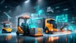 © AlirezA - A forklift and truck are in a warehouse with containers, robot arm, and data overlays for automation.