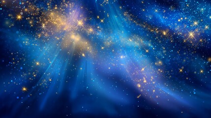 Poster - Golden light streams through a dark blue cosmic background filled with shining stars and glittering particles in the scene.