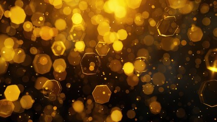Poster - Abstract art of orange and gold hexagonal grid with glowing particles. Digital artwork of yellow glittering color with black background. Digital art for design and print. Elegance and luxury. AIG53.