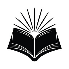 Poster - A bold black and white illustration depicting an open book with radiating lines symbolic of knowledge and enlightenment