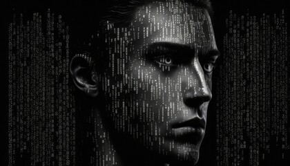 Poster - The picture of the human face that has been paint with binary code on the face in the dark room, binary code is system of representing text, instructions, or other data using two symbol system. AIG51.