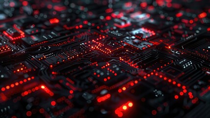Poster - Abstract red digital circuit board with glowing lights. Digital artwork of black electrical circle with vibrant red color. Technology innovation and electronics concept. Motherboard design. AIG53.