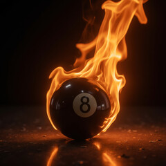 Poster - flaming eight ball creates striking visual, symbolizing luck and excitement. intense flames contrast with dark background, enhancing dramatic