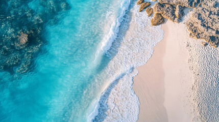  Aerial shot reveals pristine beach, inviting turquoise water, and rugged coastal rock formations.