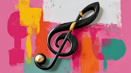 Poster - Black and gold treble clef is on a colorful background. The background is a mix of colors and has a somewhat abstract feel to it. Concept of creativity and artistic expression