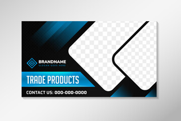 Poster - Sporty blue gradient and black banner template. Suitable with your Business and Product. Horizontal layout with space for photo. example of headline is trade products. 