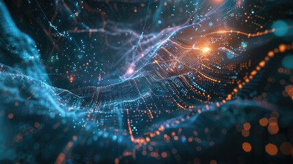 Poster - Abstract art of digital network with glowing nodes and colorful lights. Digital artwork of glowing networking lines. Technology innovation and data visualization concept for wallpaper, banner. AIG53.