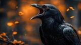 A fierce faced raven opens its beak in a powerful cry
