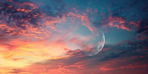Poster - The picture of the crescent moon in the clear blue sky also surrounded with cloud, the crescent moon is a phase of moon characterized by curved sliver of illumination resembles crescent shape. AIG51.