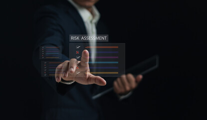 Poster - Risk assessment and document management concept, businessman using finger to tap online survey form, checklist, document approval, business organization performance evaluation with virtual graphic