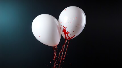 Poster - Two white balloons with red blood splattered on them. Scene is dark and eerie
