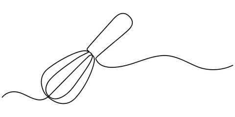 Continuous one line drawing whisk. Stock vector illustration, Whisk Kitchen Icon In Line Style, Recipe continuous line drawing with color shapes,  Single one line drawing Manual Mixer, Cooking.      