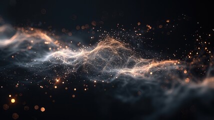Poster - Abstract picture of neon light particle with digital technology style design connecting become dynamic of electric wave movement represent about flowing of data or structure of network system. AIG53.