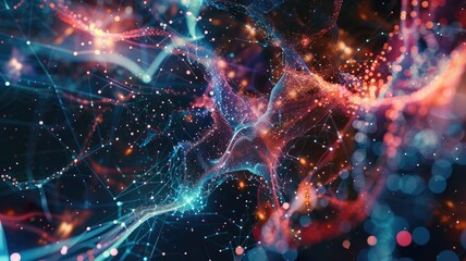Poster - Abstract art of digital network with glowing nodes and colorful lights. Digital artwork of glowing networking lines. Technology innovation and data visualization concept for wallpaper, banner. AIG53.