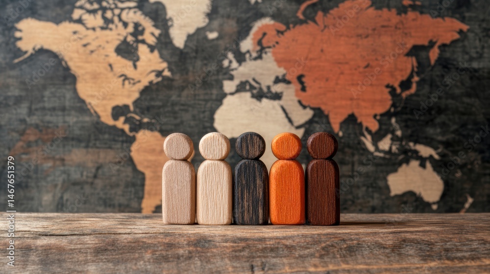 Wooden figurines of diverse colors stand against a world map background ...
