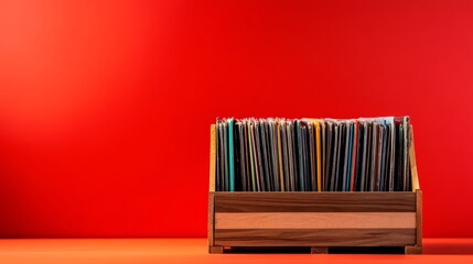 Poster - Wooden crate full of records sits on a red background. The crate is full of records, and the red background creates a warm and inviting atmosphere