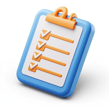 A digital clipboard with check-list.  A 3D rendering of a  clipboard,  light-blue,  with  orange clips and checkboxes