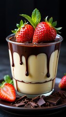 Aufkleber - A chocolate dessert in a glass bowl with strawberries on top, topped with whipped cream and drizzled with chocolate sauce.