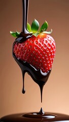 Poster - A strawberry covered in chocolate sauce dripping down the side of a glass bowl.