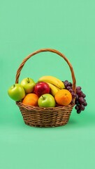 Aufkleber - A basket filled with various fruits such as apples, bananas, oranges, and grapes on a green background.