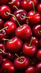 Poster - A close-up view of red cherries with visible drops of water on them.