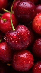 Poster - A close-up view of fresh red cherries with drops of water on them.