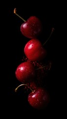 Poster - A group of red cherries with glossy surfaces, some with darker centers, against a black background.