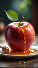 Poster - An apple cut in half with honey drizzled on it, surrounded by honey and beeswax.