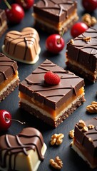Poster - A collection of chocolate bars and squares arranged on a black surface, each adorned with various toppings such as nuts, fruit, and drizzles.